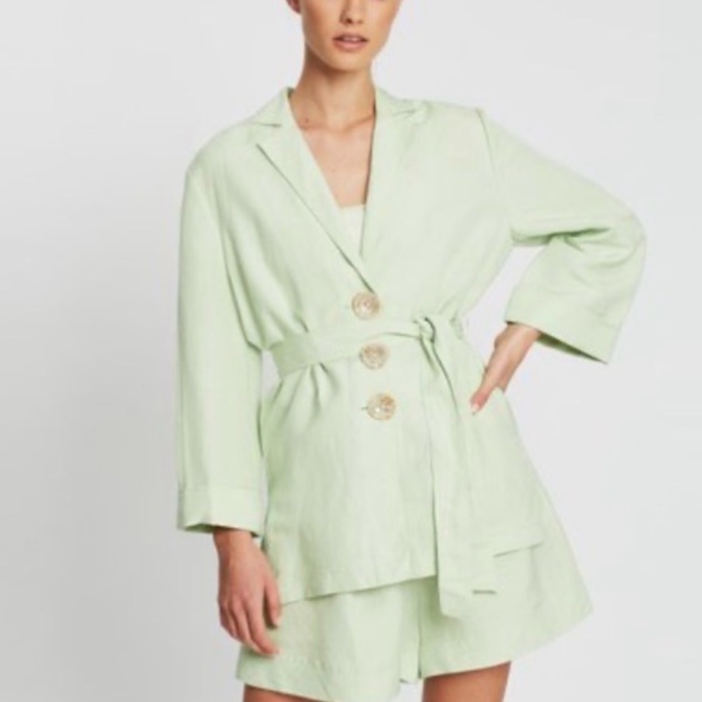 C/Meo Collective- Pale Green Linen Quarter Sleeve Wrap Shirt with Belt